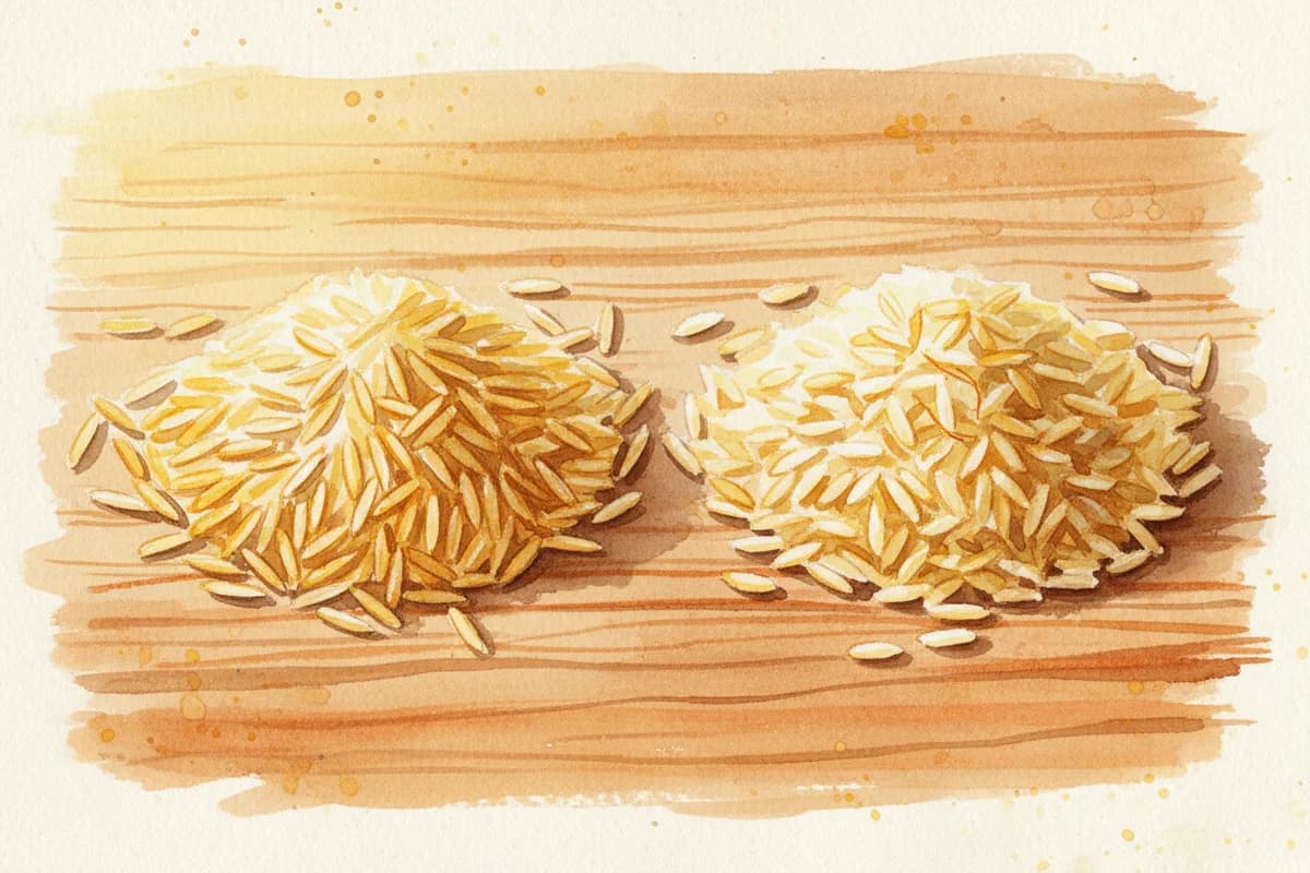 Basmati and jasmine rice side by side in wooden bowls
