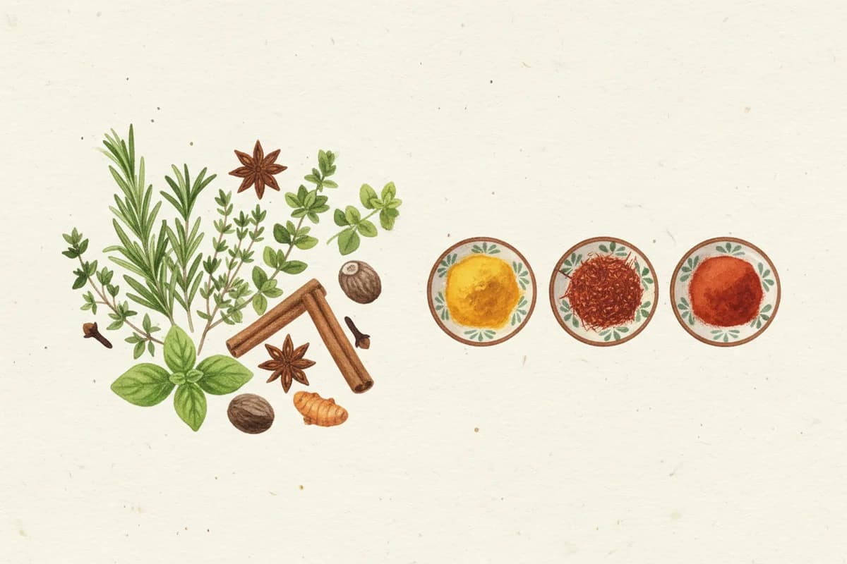 Fresh ginger, green chilies, and curry leaves alongside dried spice jars