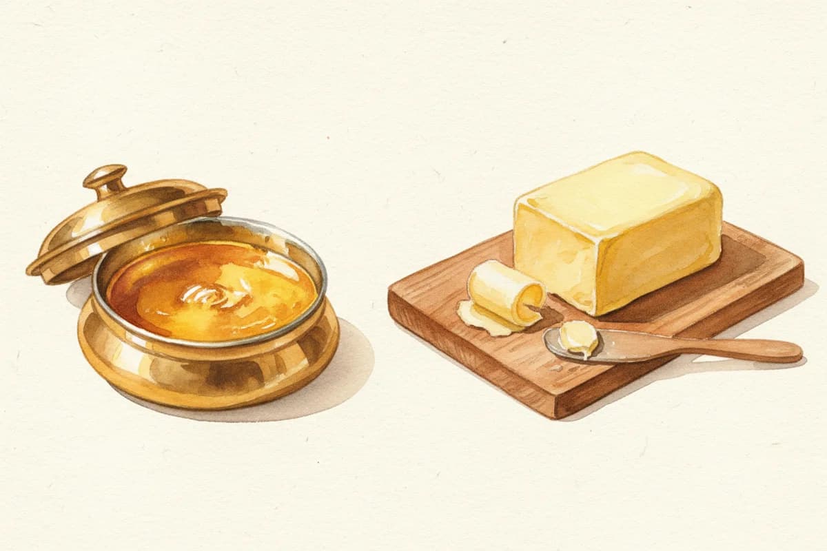 Ghee in a brass container next to butter on a wooden board