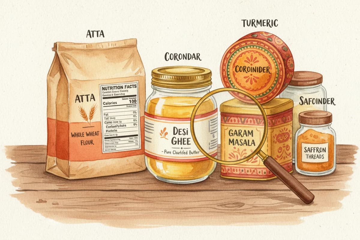 Watercolor illustration of Indian food packages and spice containers with a magnifying glass over a nutrition label