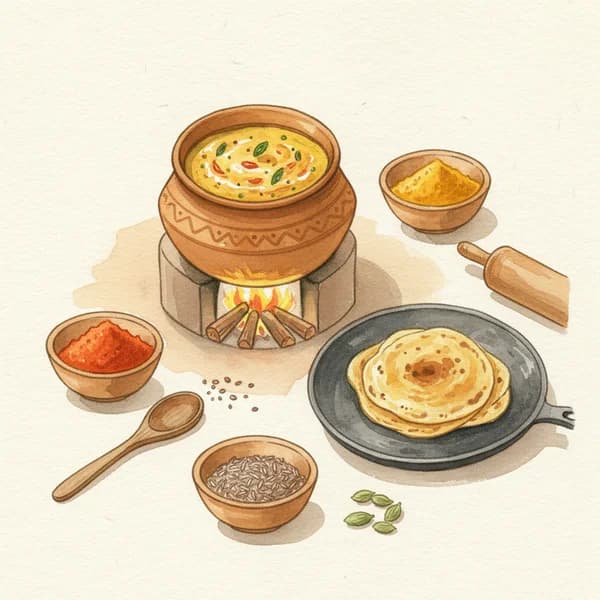 Watercolor illustration of a simple Indian kitchen setup with basic spices and a pot of dal