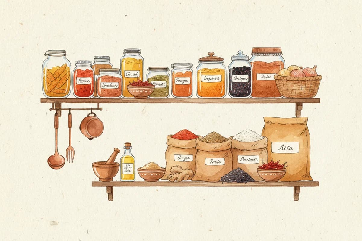 An organized Indian pantry with spice jars, lentils, and cooking essentials
