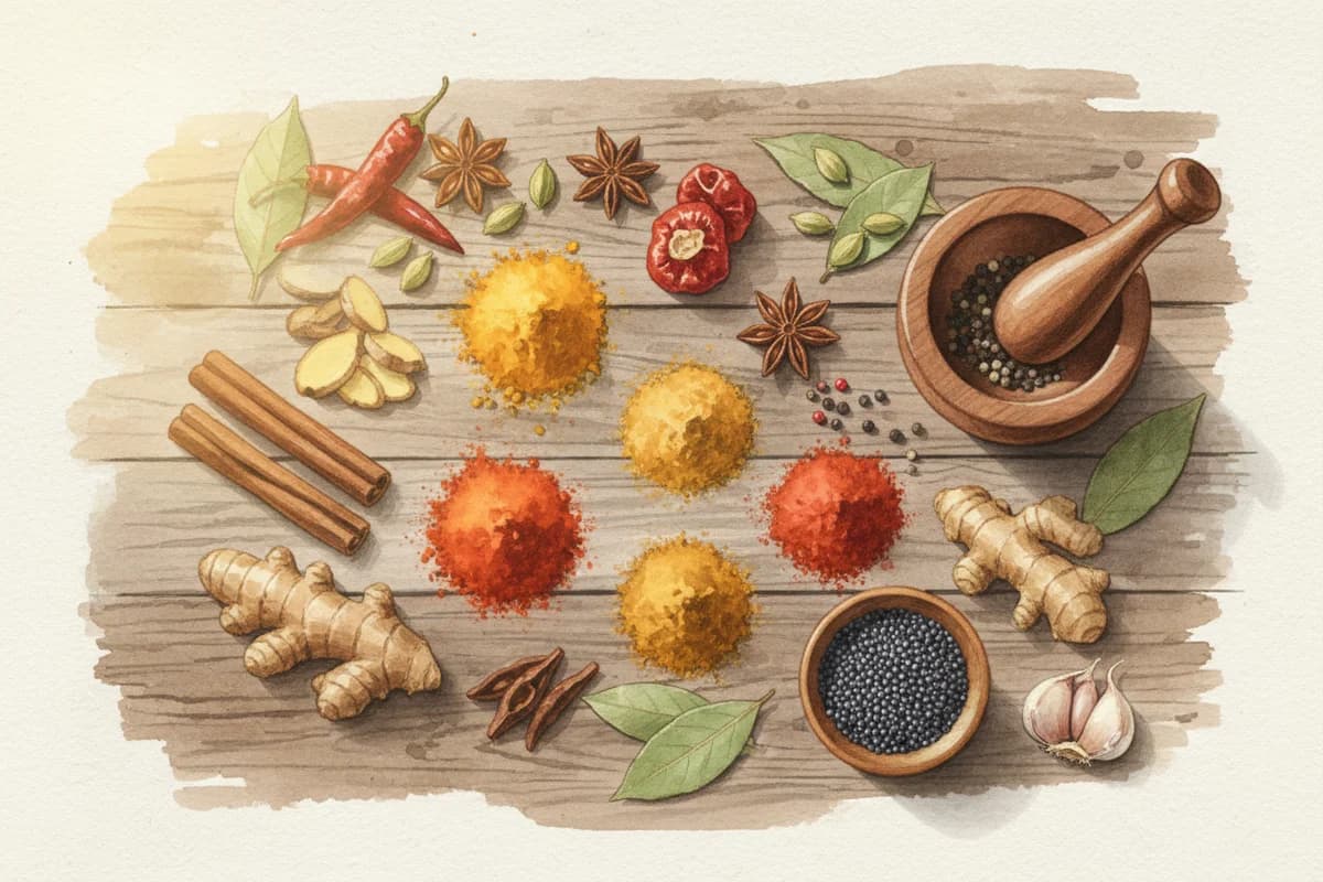 Colorful array of Indian spices in small bowls arranged on a wooden surface