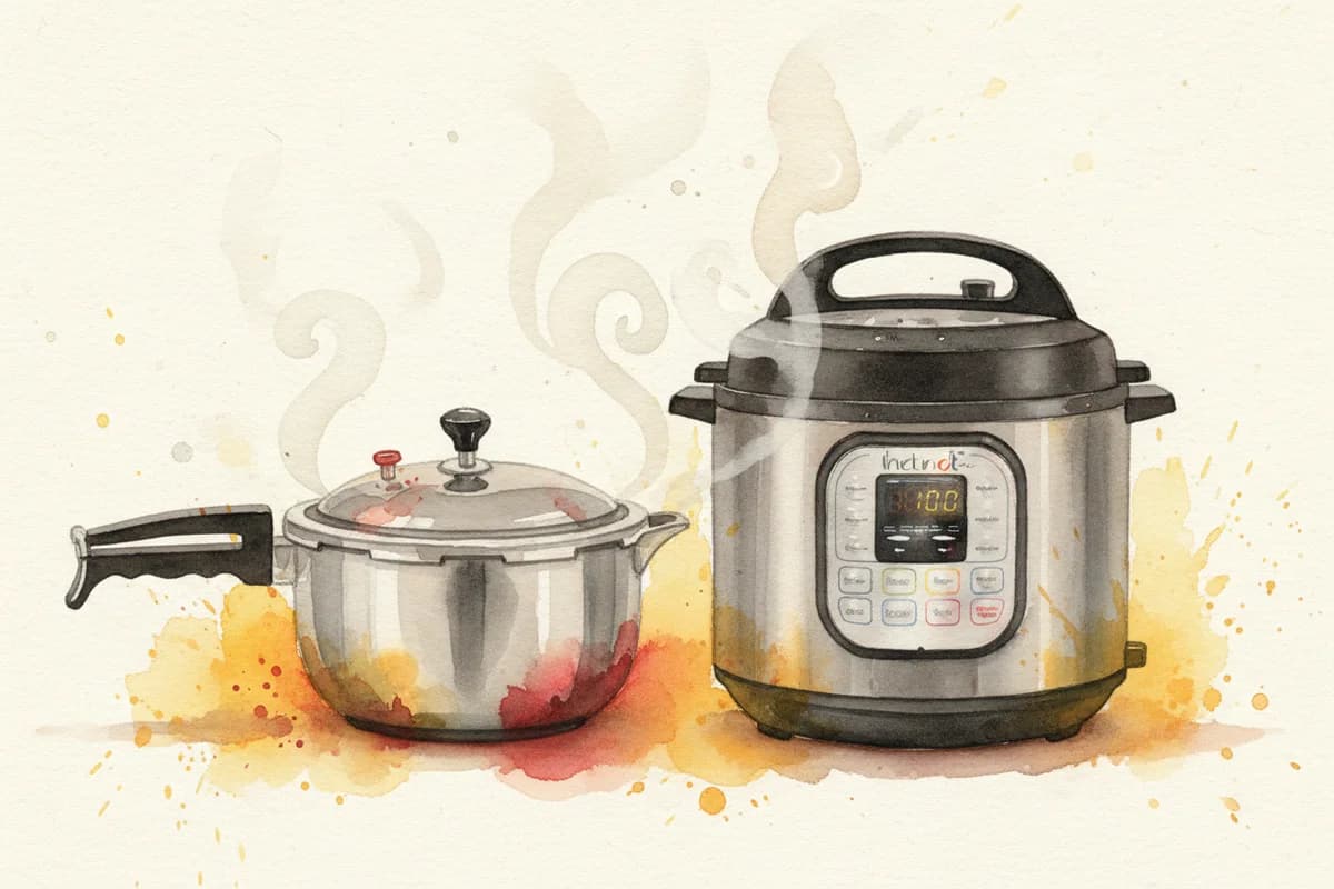 An Indian stovetop pressure cooker next to an Instant Pot on a kitchen counter