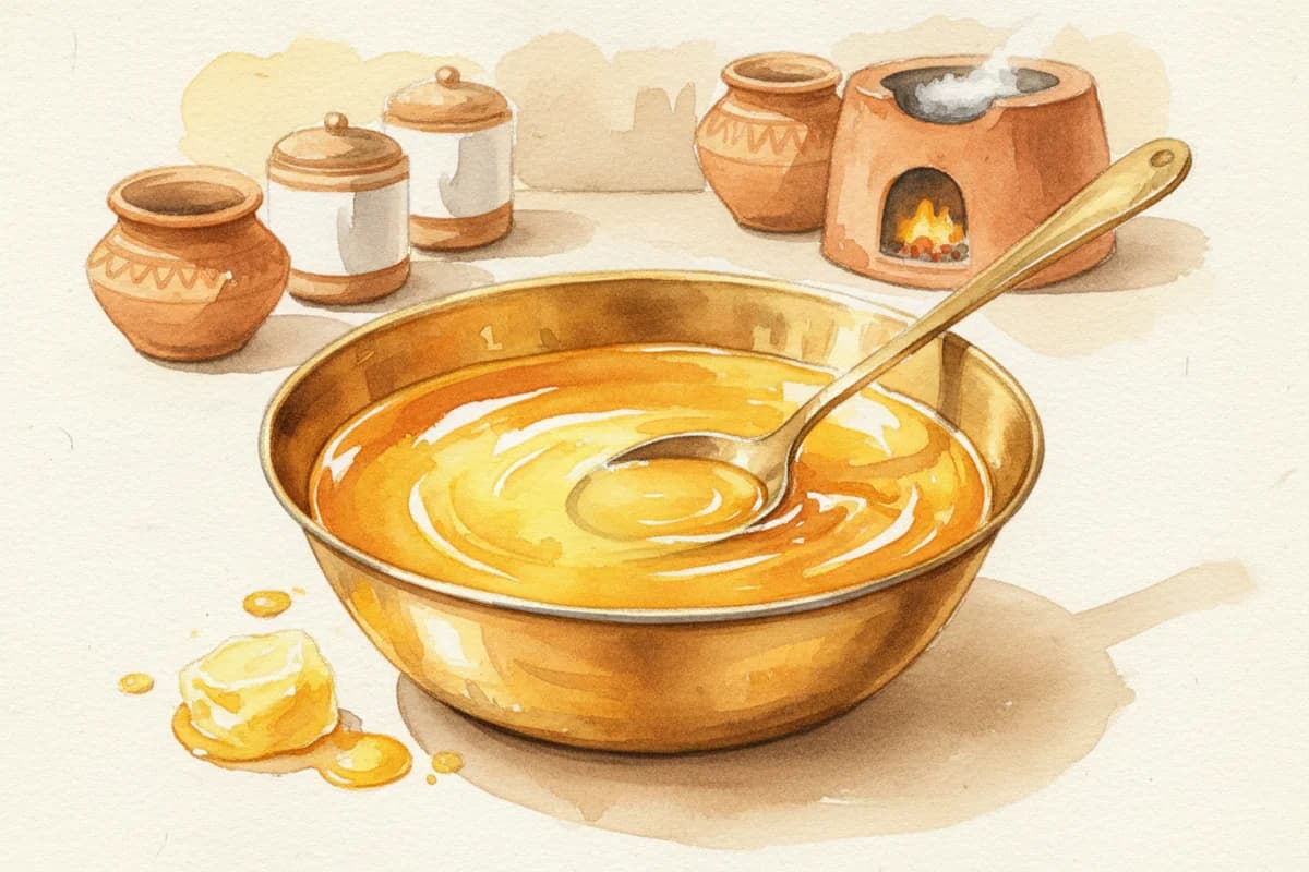 Golden ghee in a traditional brass container with a spoon