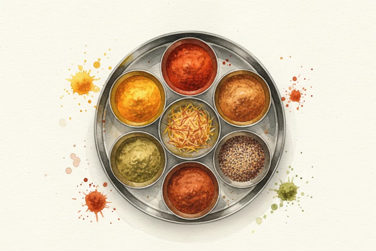 A traditional Indian masala dabba (spice box) with compartments of different spices