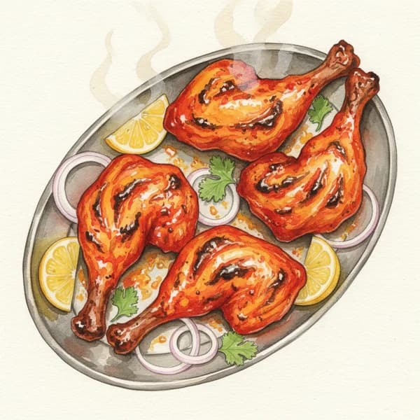 Watercolor illustration of tandoori chicken with charred edges and vibrant red-orange marinade
