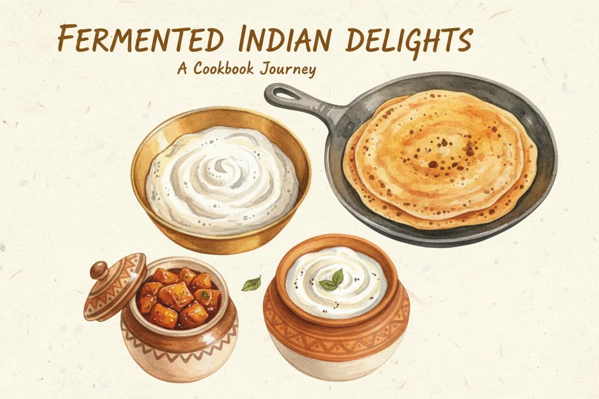 Indian fermented foods including dahi, idli batter, pickles, and buttermilk in traditional vessels