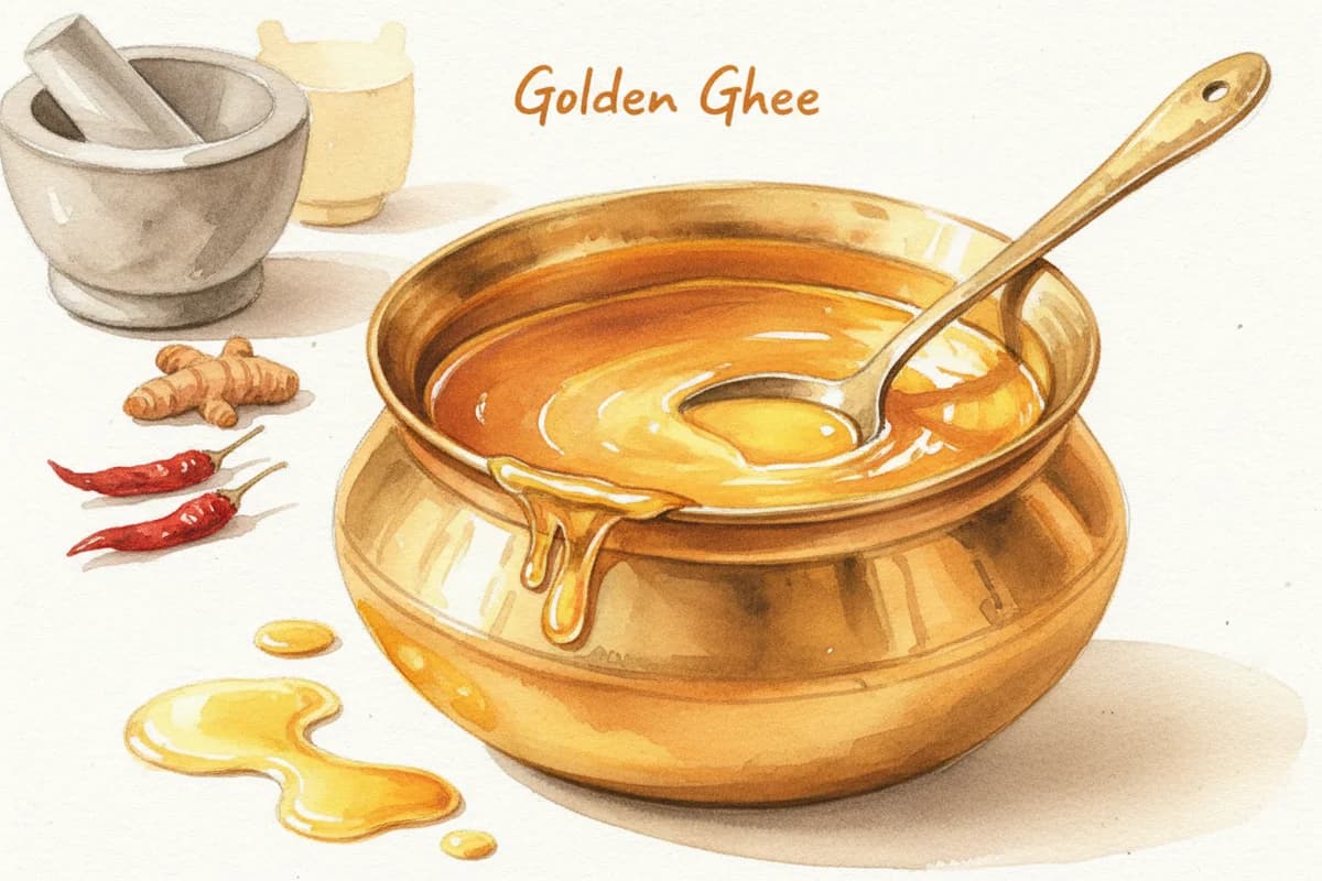 Golden clarified butter (ghee) in a brass container with a spoon