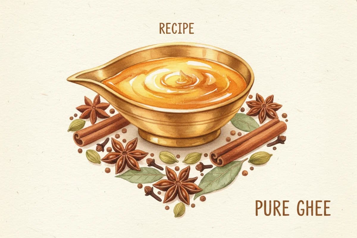 Ghee in a traditional brass container alongside heart-shaped measuring spoons