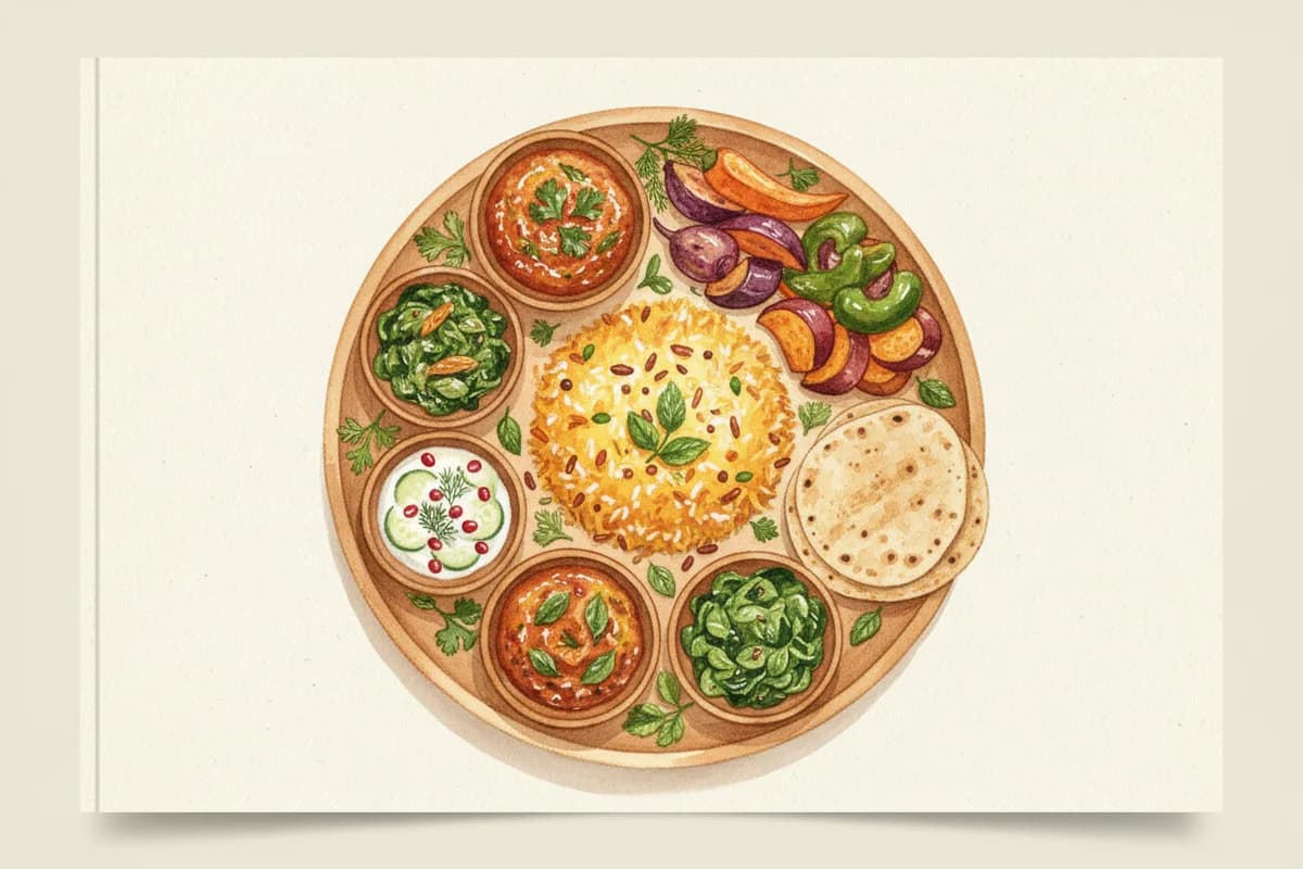 A balanced Indian meal plate designed for PCOS management with whole grains, vegetables, and nuts