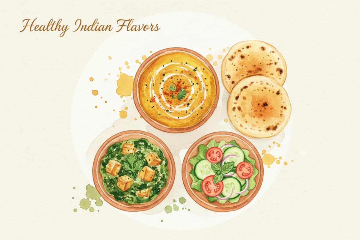 A portioned Indian meal plate with dal, brown rice, vegetables, and raita