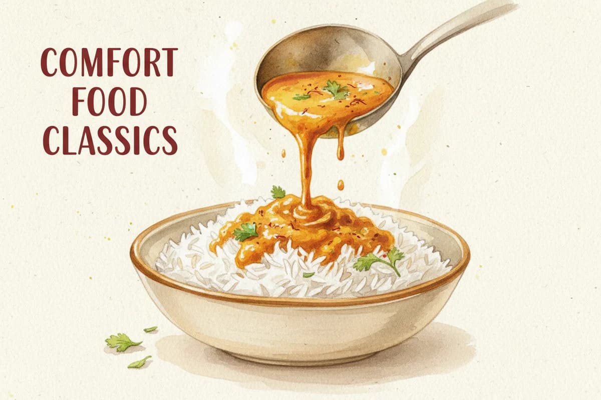 A bowl of steaming basmati rice with a side of dal