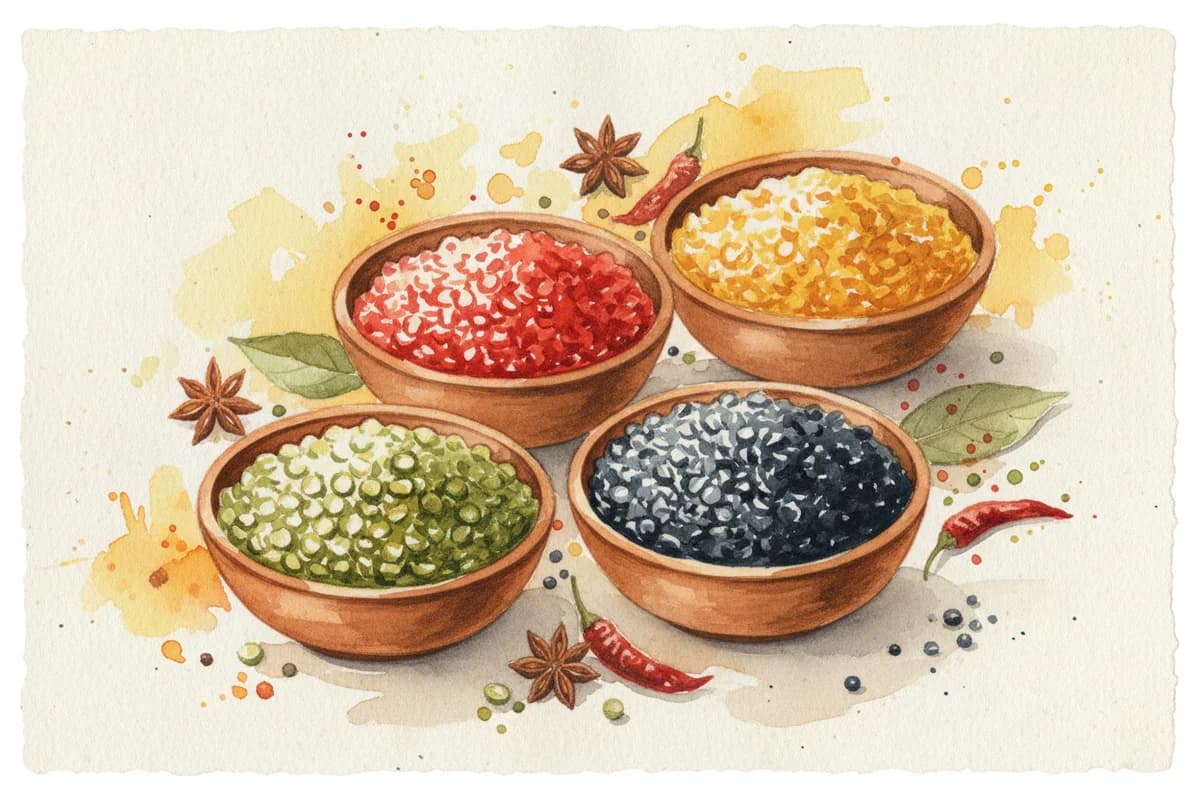 Assorted Indian lentils in small bowls including red masoor, yellow toor, and green moong