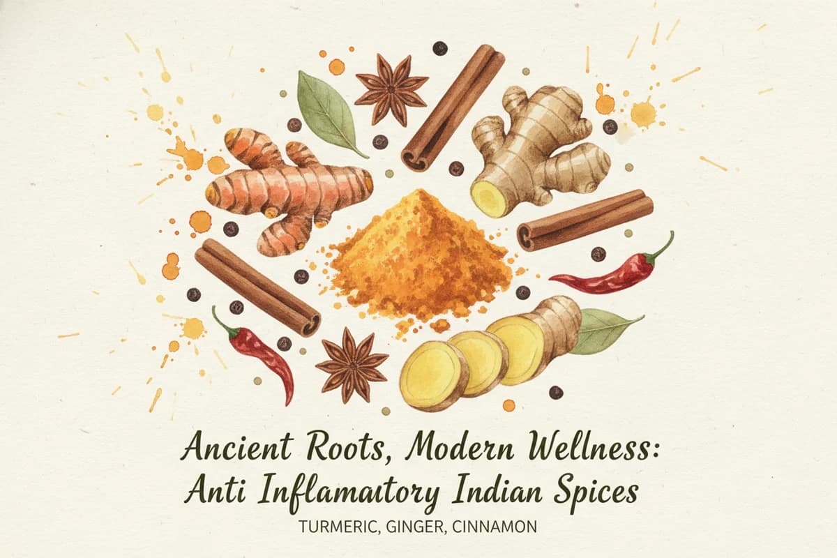 Assorted anti-inflammatory Indian spices including turmeric, ginger, and cinnamon on a wooden board