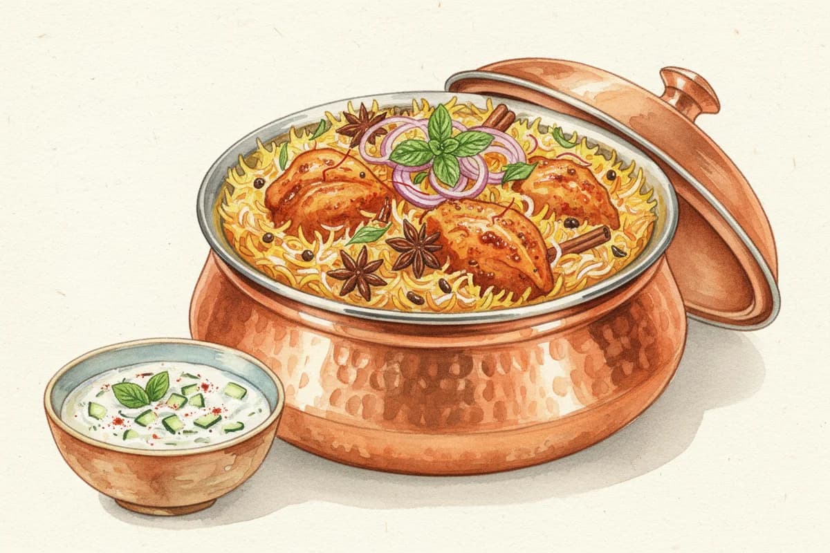 Layered chicken biryani with saffron-streaked rice and crispy fried onions on top