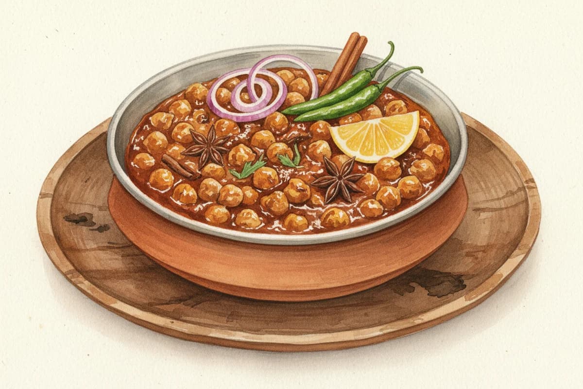 A bowl of dark, richly spiced chole garnished with sliced onion and lemon wedge