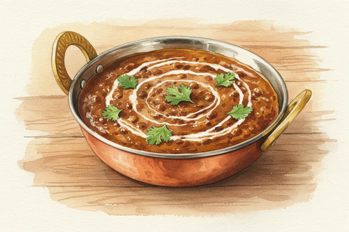 Creamy dal makhani in a copper bowl garnished with cream swirl and fresh cilantro