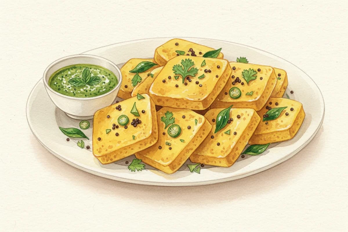 Golden yellow dhokla squares topped with mustard seed tempering, green chilies, and fresh cilantro on a white plate