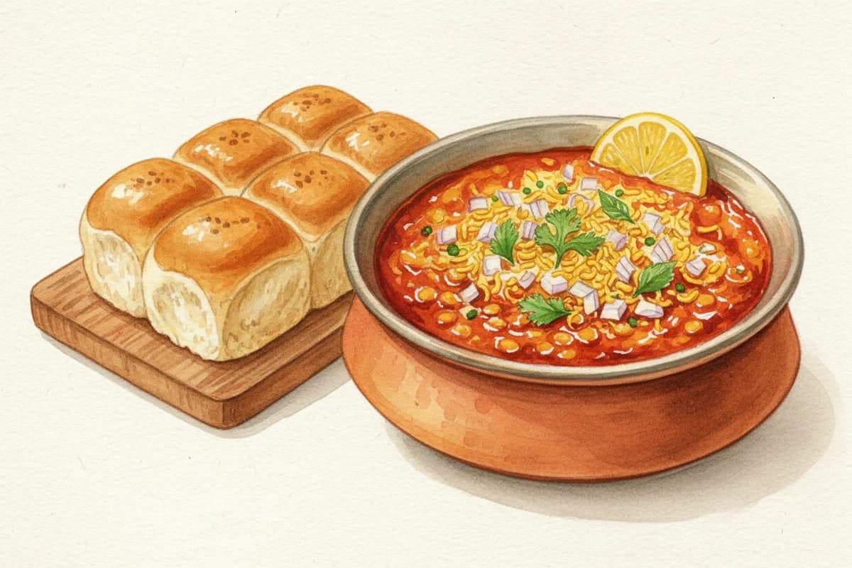 A bowl of fiery red misal topped with crispy sev, chopped onions, cilantro, and lemon wedge, with buttered pav on the side