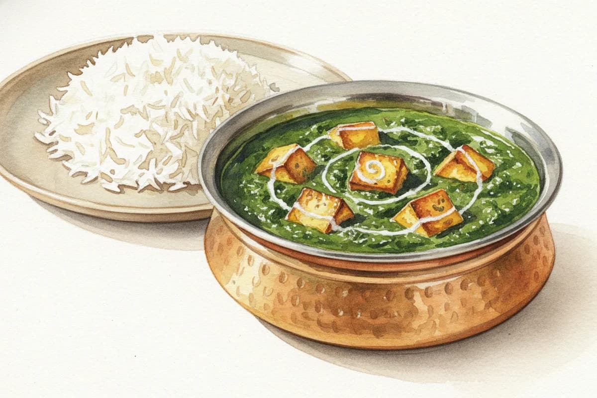 Vibrant green palak paneer with golden paneer cubes in a white serving bowl