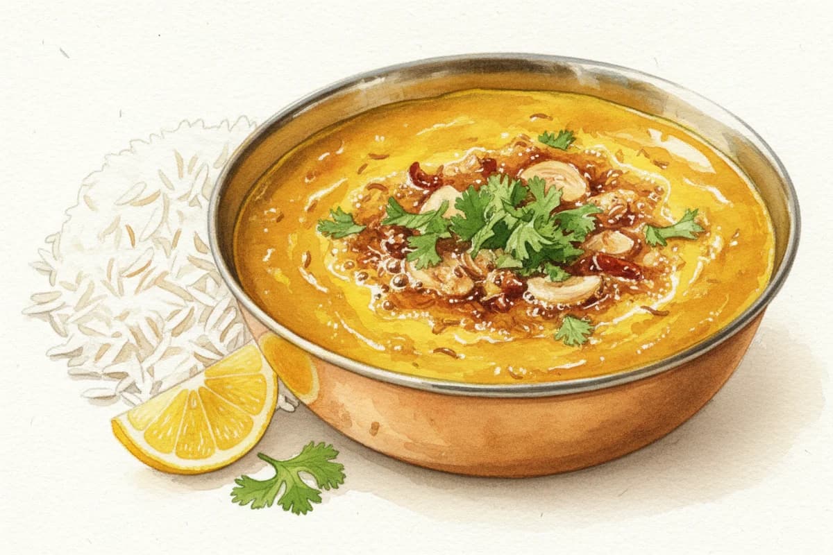 A bowl of golden yellow dal tadka with a sizzling cumin tadka poured on top